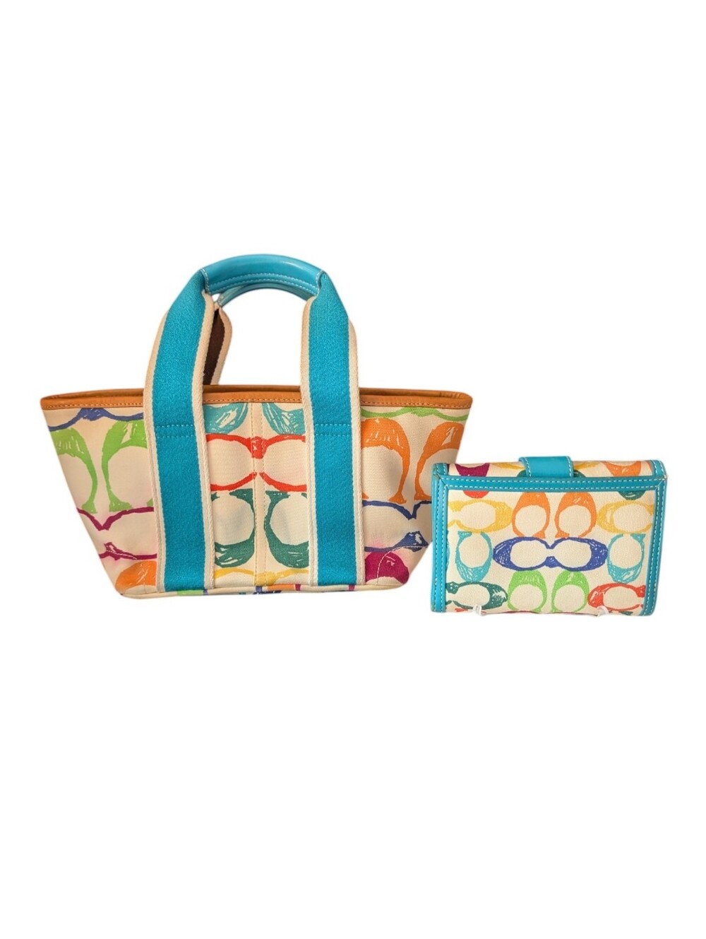 Coach Vintage Multicolor Signature Circle Canvas Tote and Matching Wallet Set - Picture 2 of 14